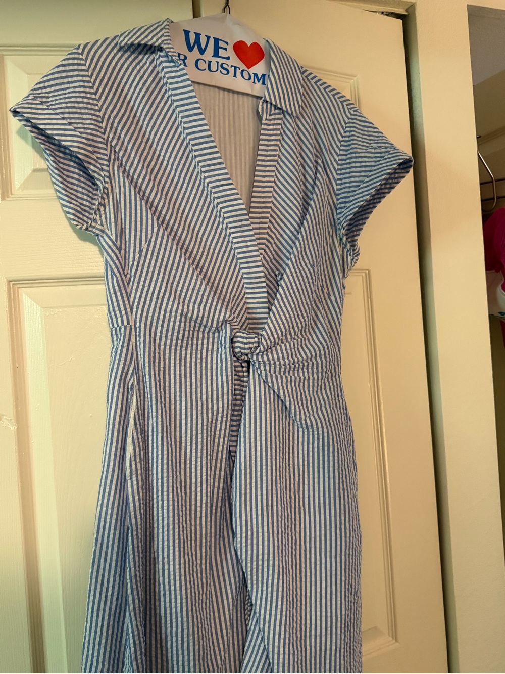 Vineyard Vines Blue & White Seersucker Midi Dress with Front Tie
